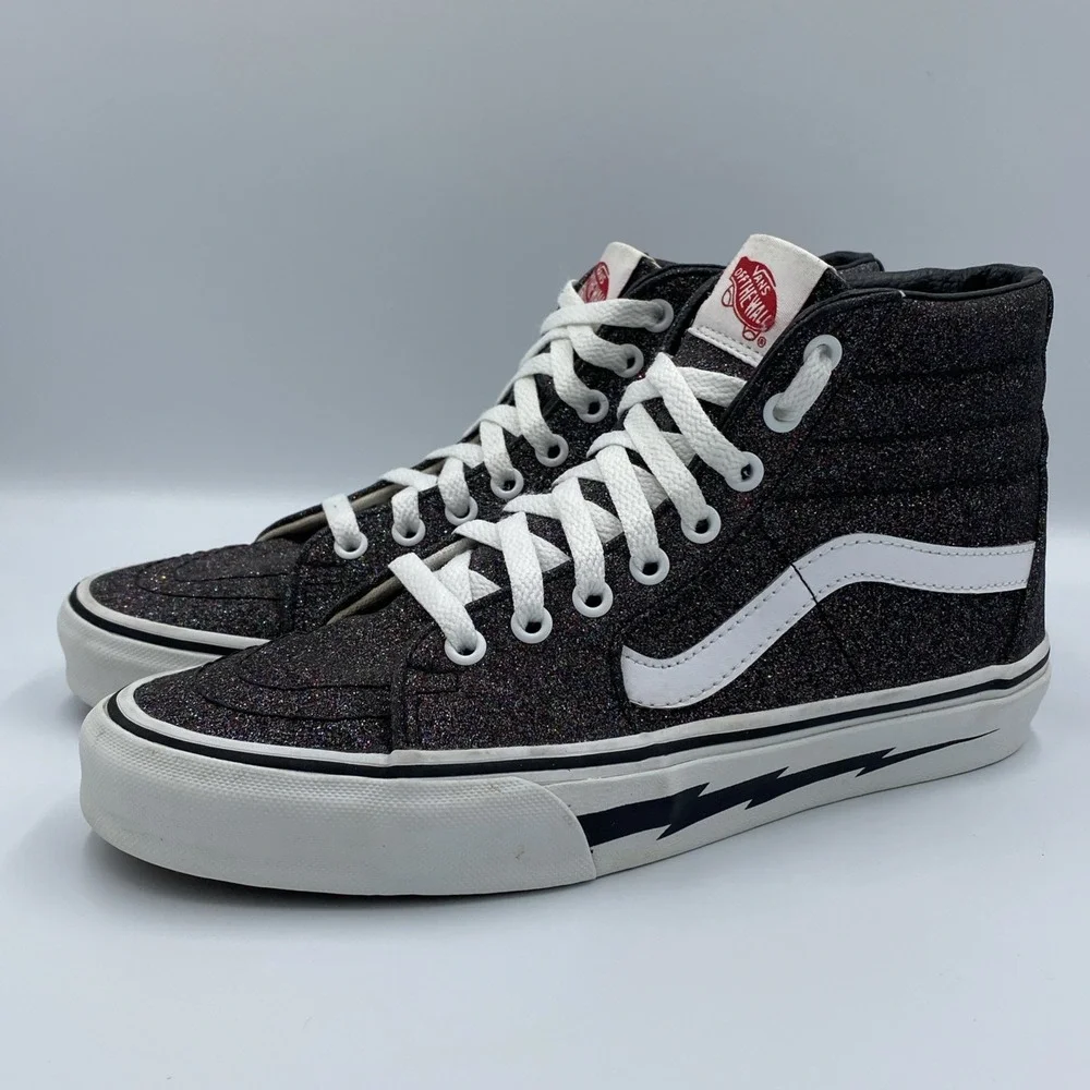 Vans Sk8-Hi Zip Women's 8.5 Black Glitter High Top Lightning Bolt Sidewall Shoes